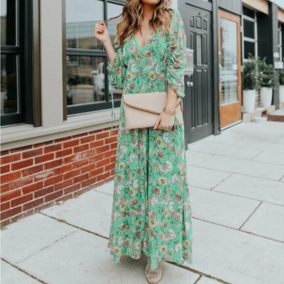 Free People Earthfolk Button Front V-neck Ruched Sleeve Maxi Floral Print Dress - Picture 14 of 15